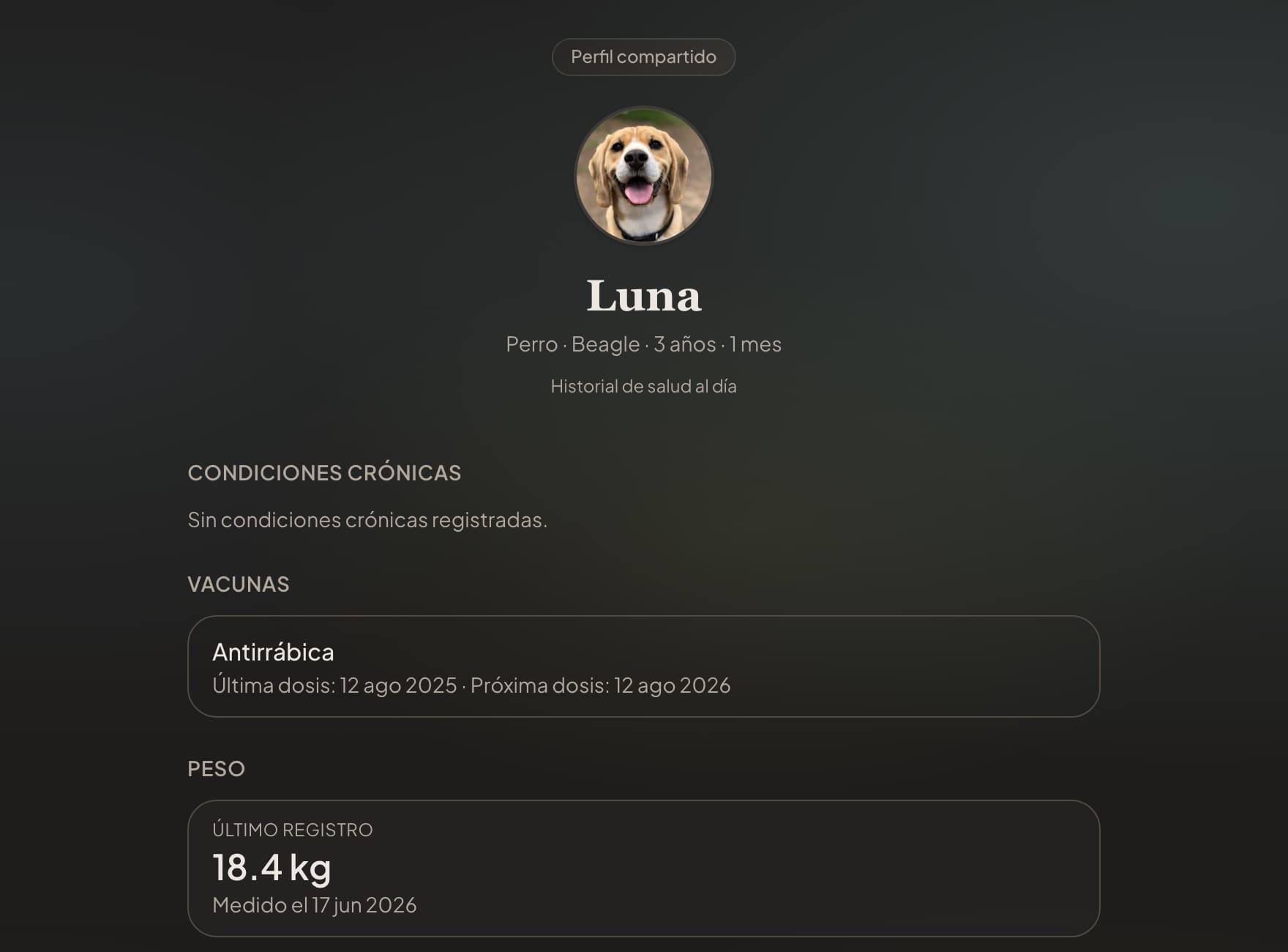 Luna's shared profile: species, age, up-to-date history, vaccines, and latest weight measurement