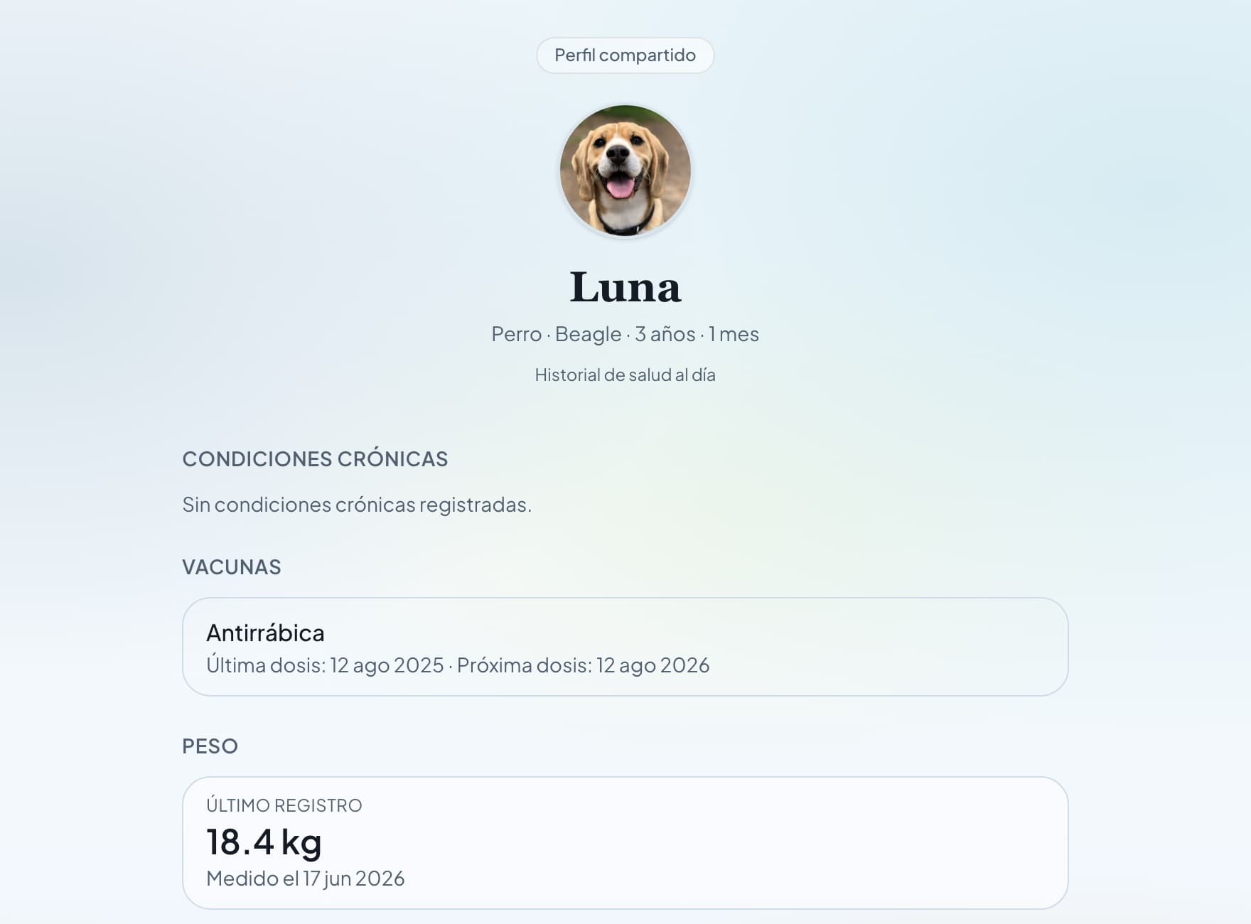 Luna's shared profile: species, age, up-to-date history, vaccines, and latest weight measurement